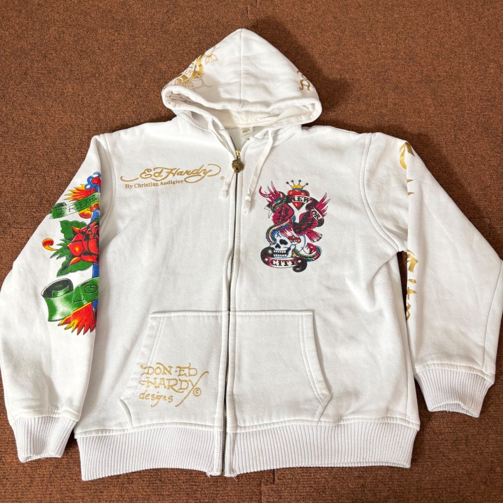 Ed Hardy Christian Audigier White Zip Up Hoodie Rhinestone Skull Tattoo Mens M